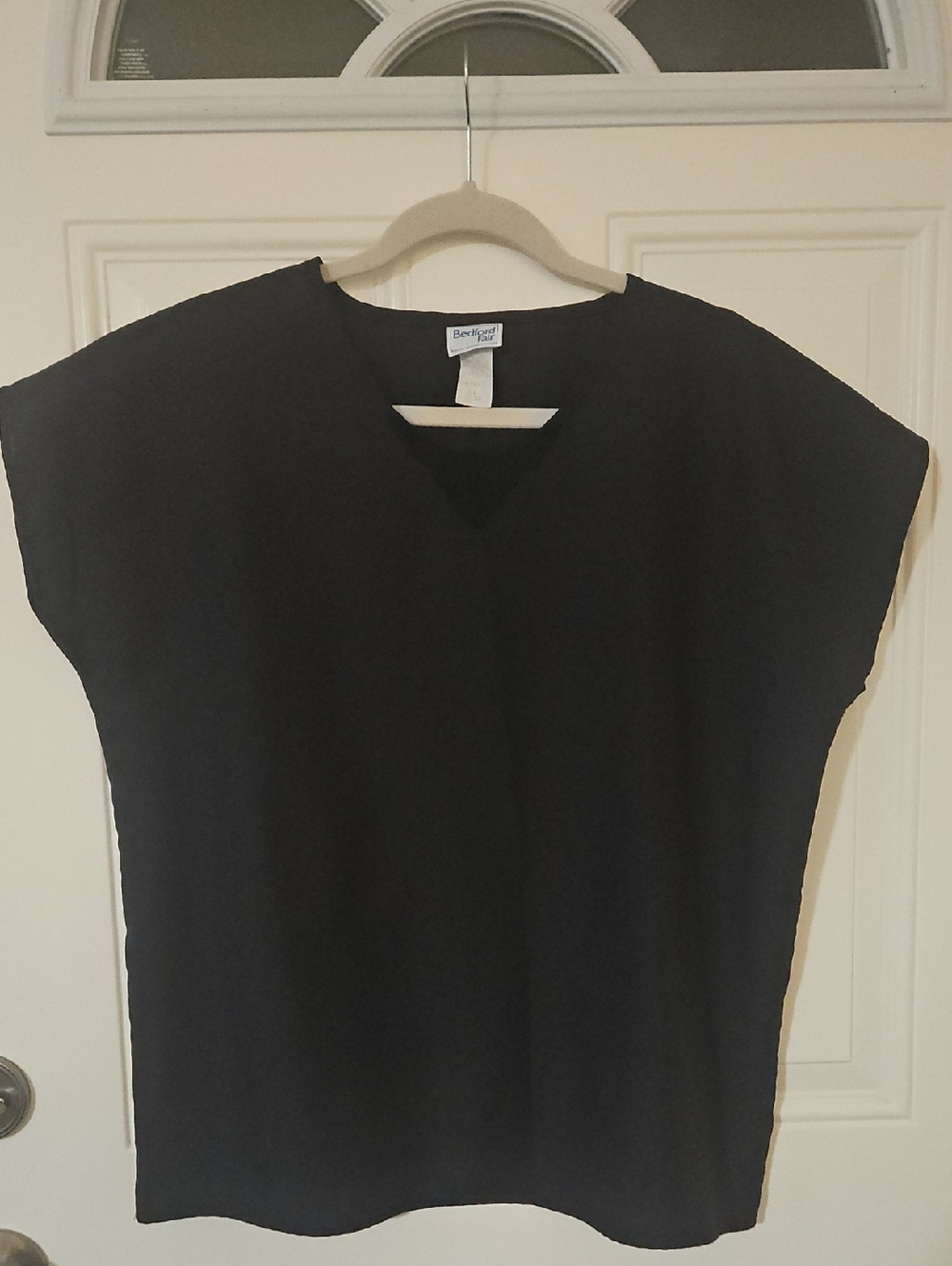 Vintage Bedford Fair Black Satin Lace V-Neck Blouse Slip Top Cap Sleeve Size 14